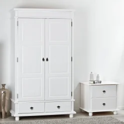 Armoire 2 portes 2 tiroirs en bois massif blanc - AR12049