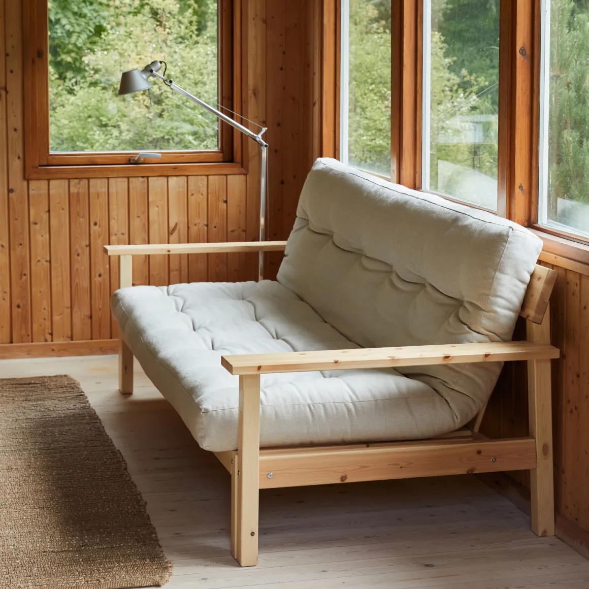 Banquette UNWIND en pin massif naturel avec matelas futon 130x190