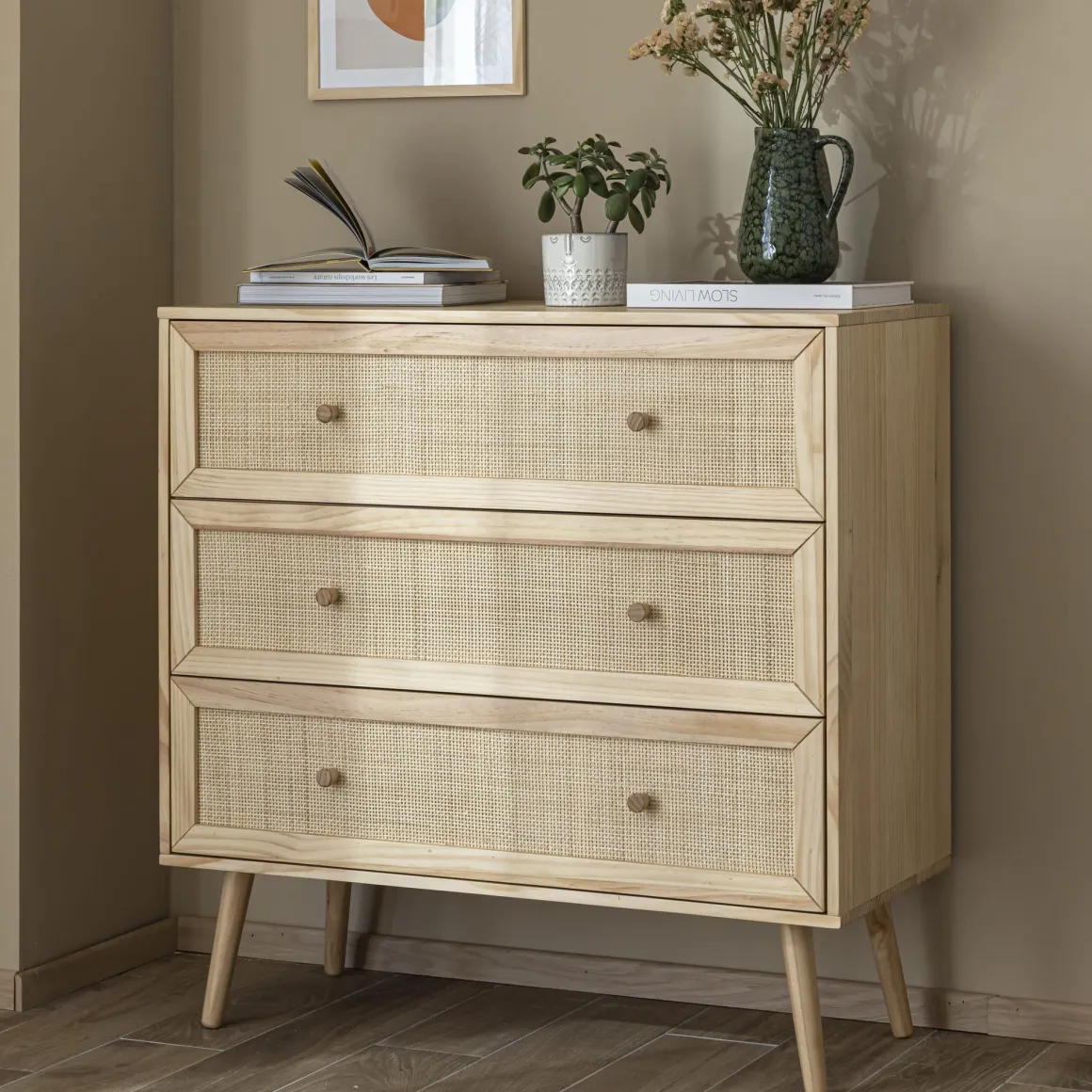 Commode cannage avec 3 tiroirs ANNA