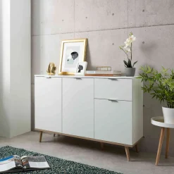 Commode 3 portes 1 tiroir blanc et imitation chêne - CO7080