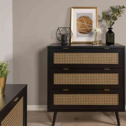 Commode 3 tiroirs noir imprimé cannage - CO7072-2