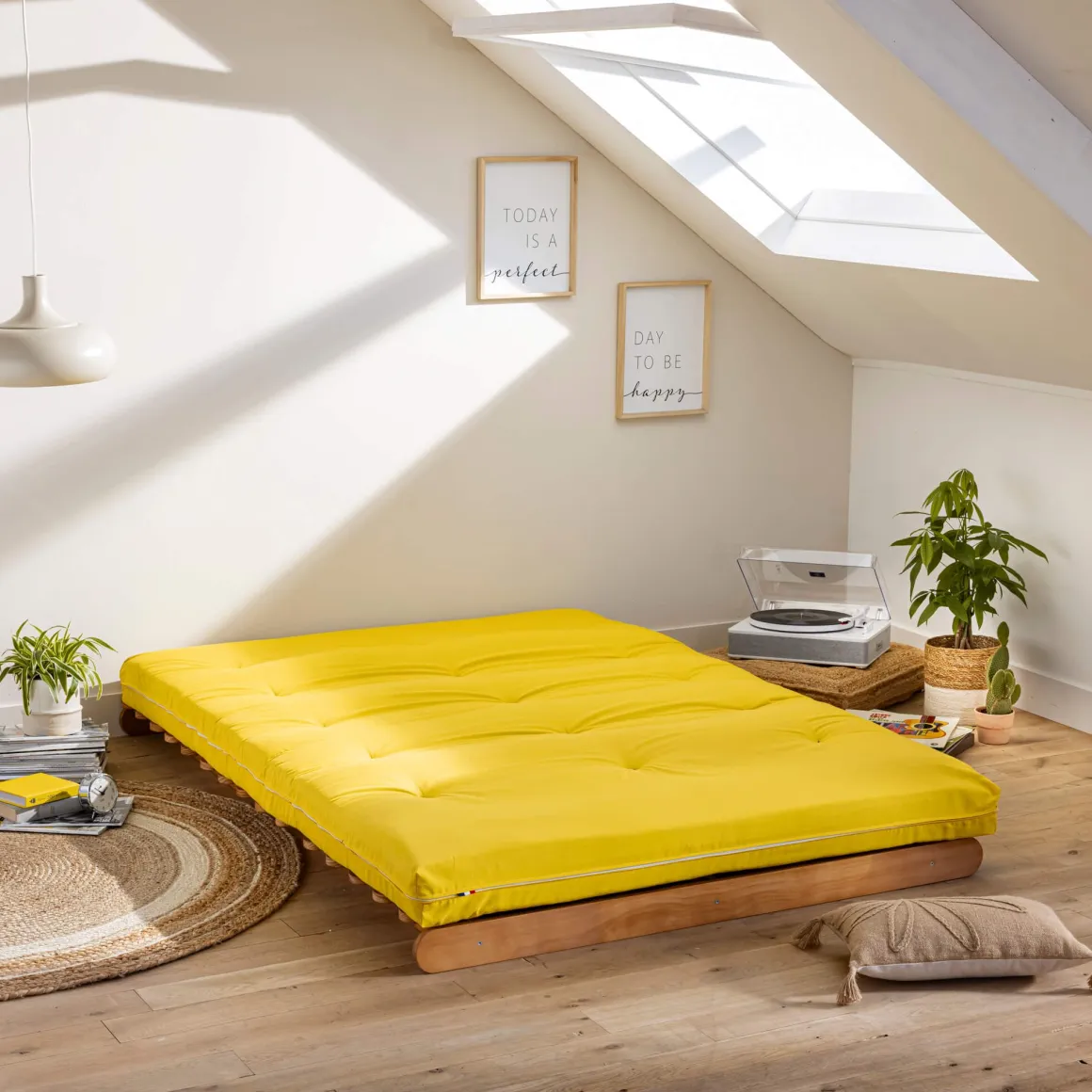 Ensemble matelas futon en coton et structure en bois massif naturel