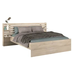 Lit adulte avec tête de lit et chevet en bois naturel CLEM