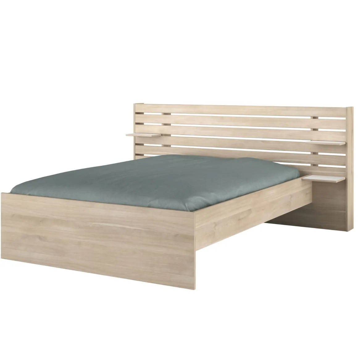 Lit adulte avec tête de lit et chevet en bois naturel CLEM
