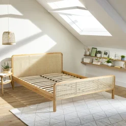 Lit adulte en pin massif avec véritable cannage + set de 2 planches de chevet cannage