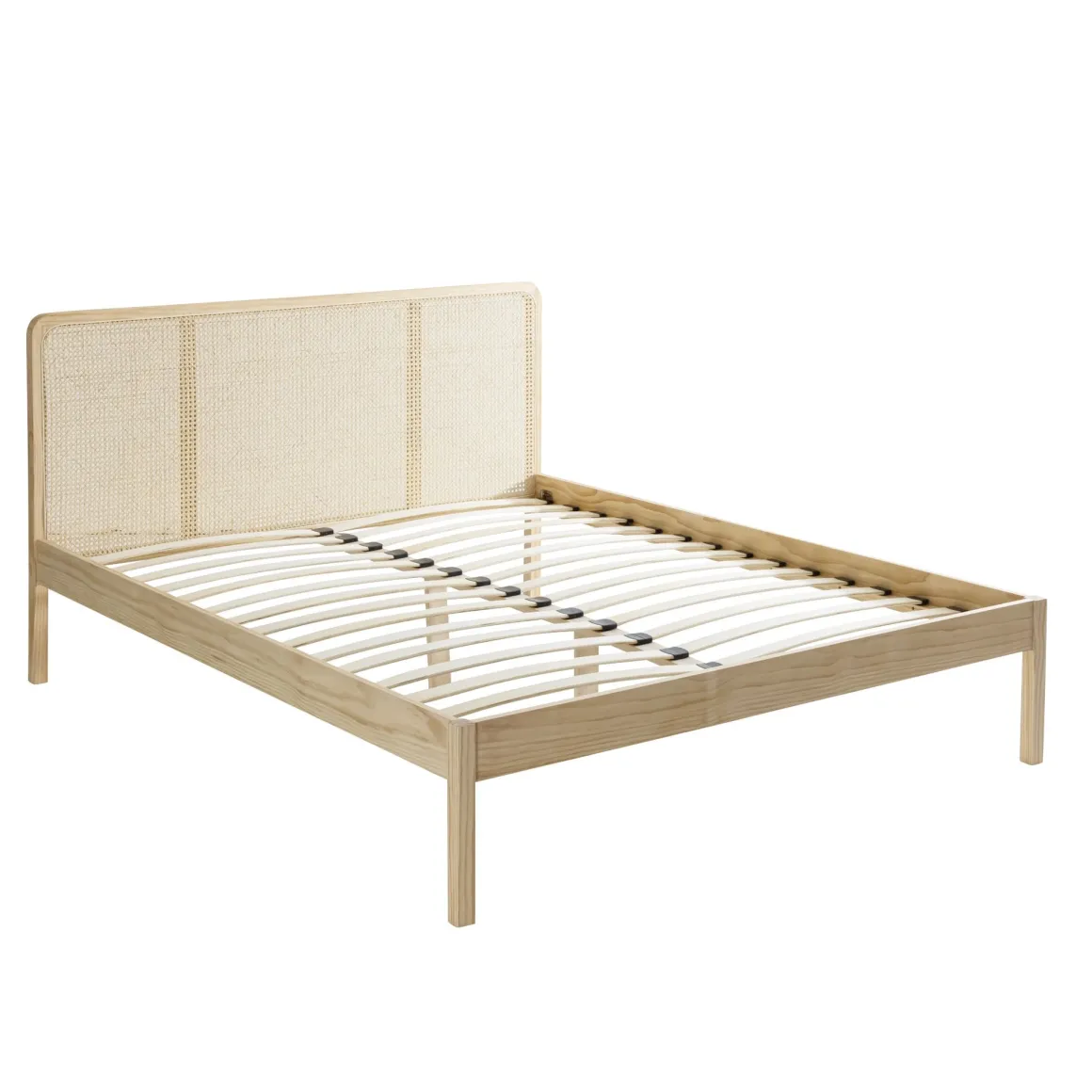 Lit adulte en pin massif tête de lit cannage + set de 2 chevets cannage ANNA