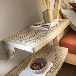 Lit adulte en pin massif tête de lit cannage + set de 2 chevets cannage ANNA