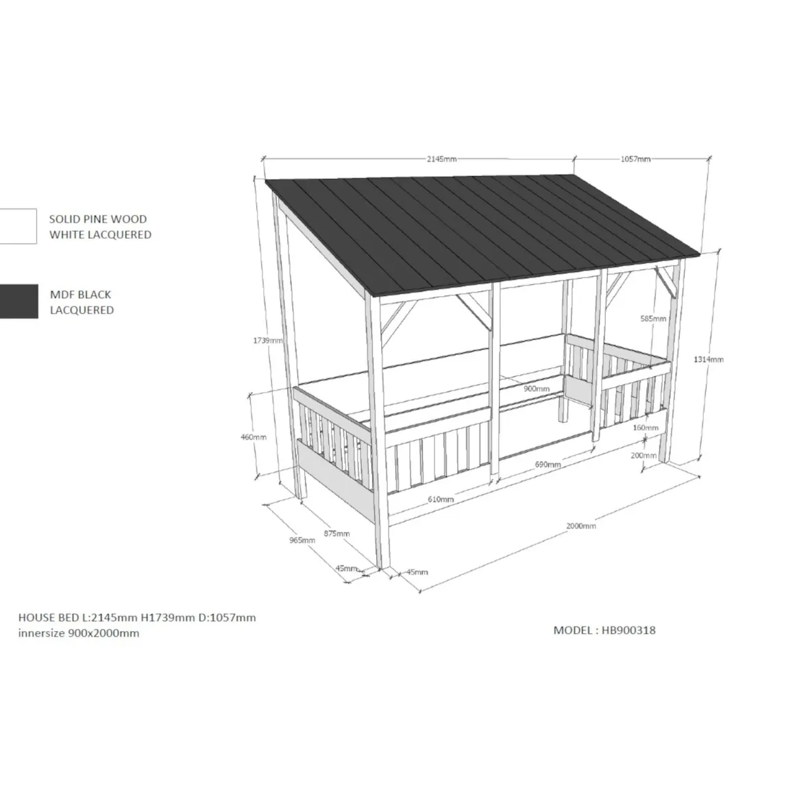 Lit cabane enfant avec toit en bois 90x200