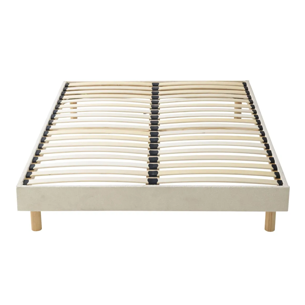 Lit tissu beige avec tête de lit bouclette