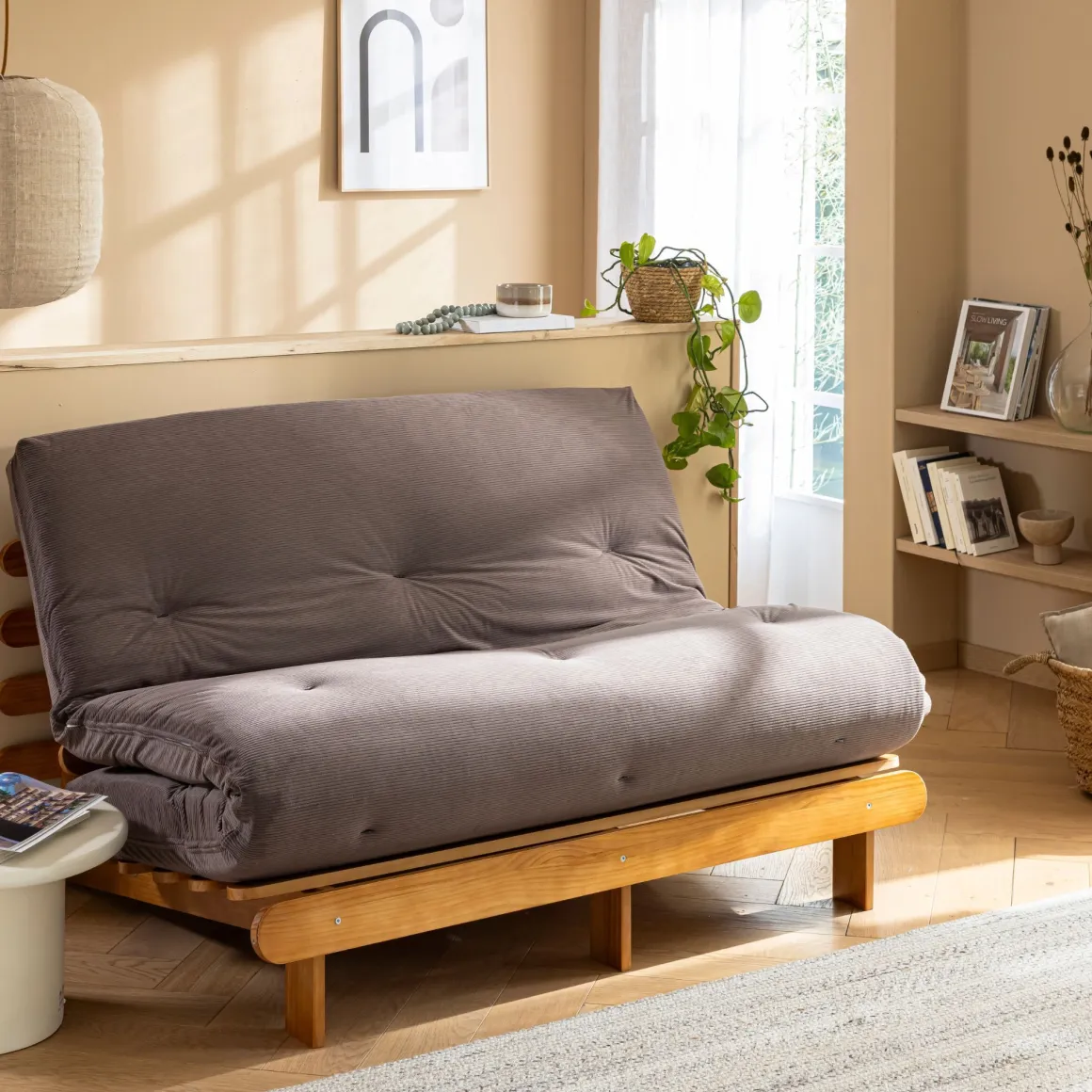 Matelas futon mémoire de forme ferme tissu velours côtelé - Terre de Nuit