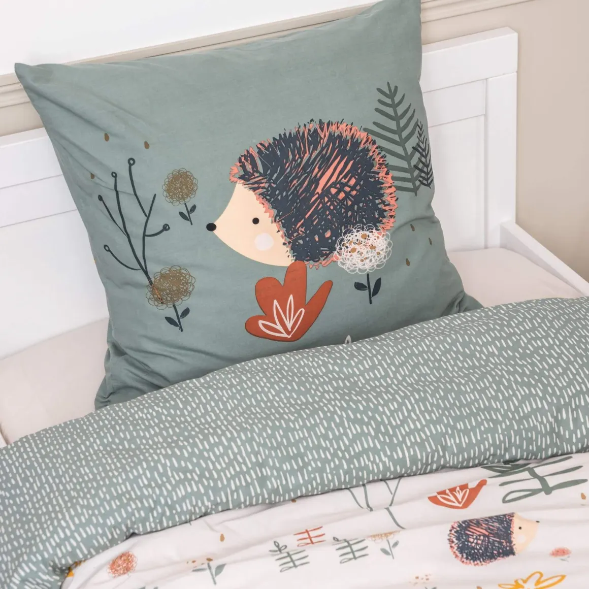 Parure de lit coton imprimé hérisson beige