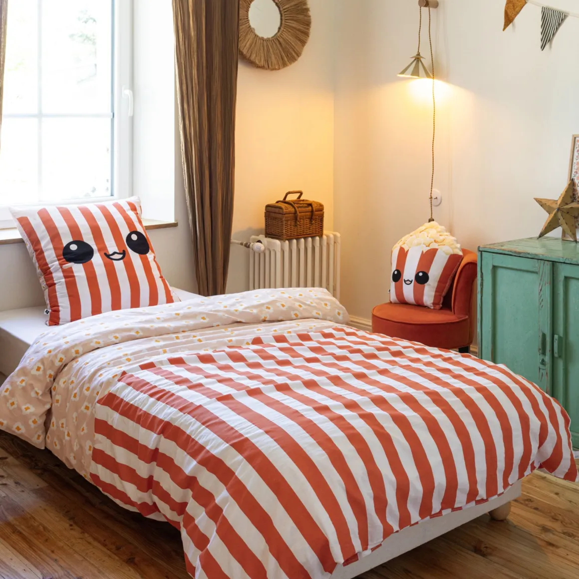 Parure de lit enfant coton rayures Terre de Nuit Fresh popcorn