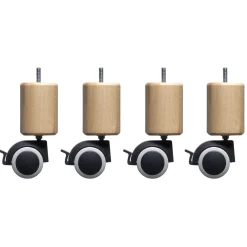 4 pieds cylindriques bois naturel à roulette pivotante et frein 15 cm